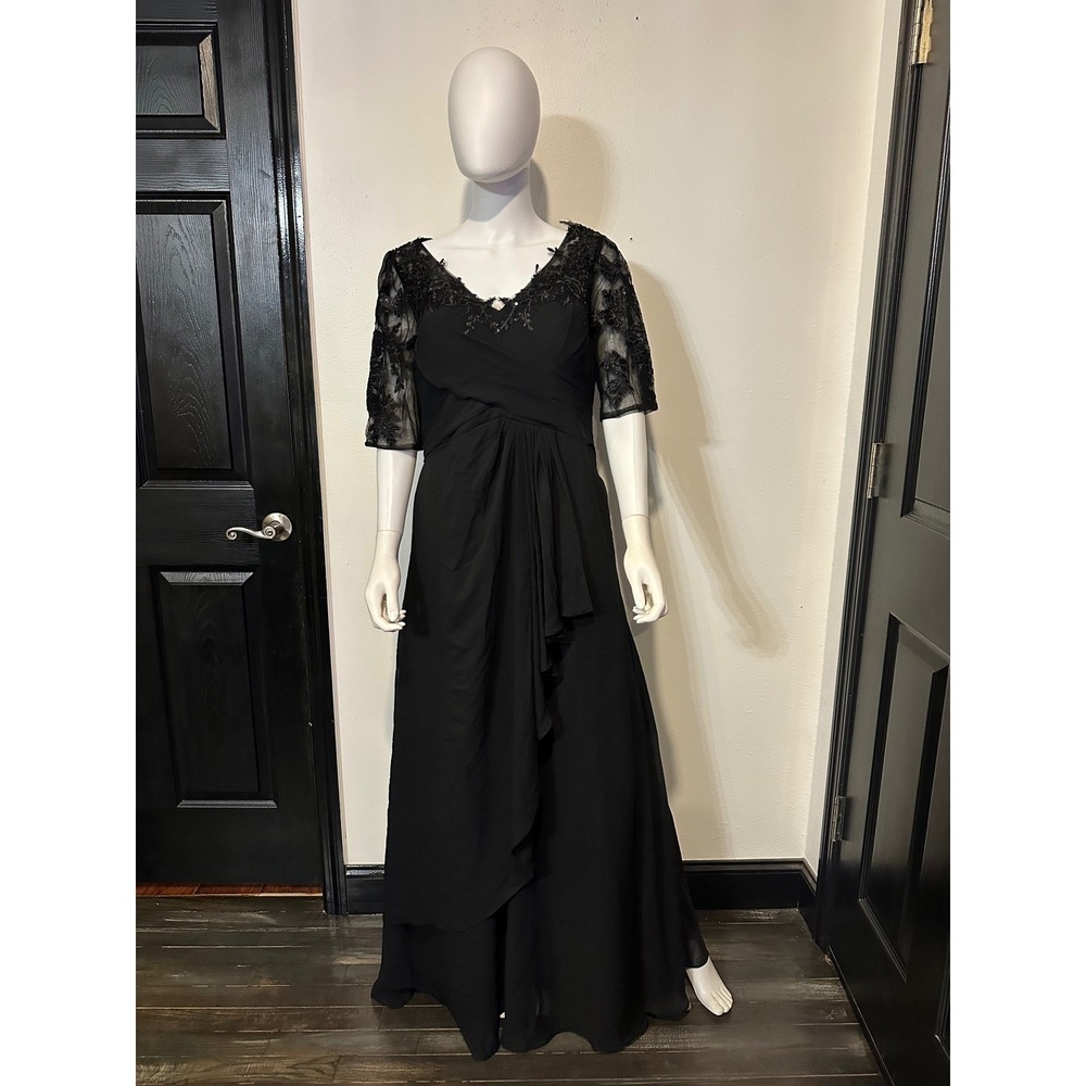 Black Lace Sequin V-Neck Evening Gown Cowl Back Formal Maxi‎ Dress Half Sleeve